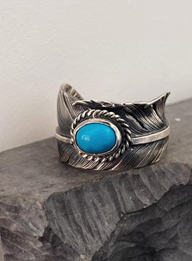 日系潮牌高桥925银饰羽毛戒指男复古做旧可调节复刻平替小众指环