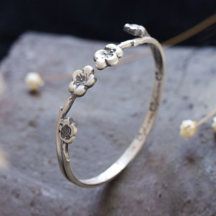 民族风复古纯银手镯女士古典文艺风简约森系清新百搭梅花开口手环