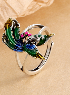 原创珐琅复古做旧孔雀凤凰仿纯银戒指女高颜值个性文艺范活口指环