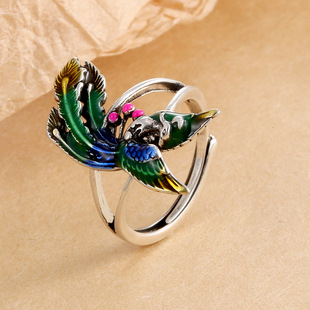 原创珐琅复古做旧孔雀凤凰仿纯银戒指女高颜值个性文艺范活口指环