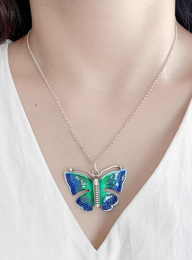 民族风仿925纯银珐琅蝴蝶项链女