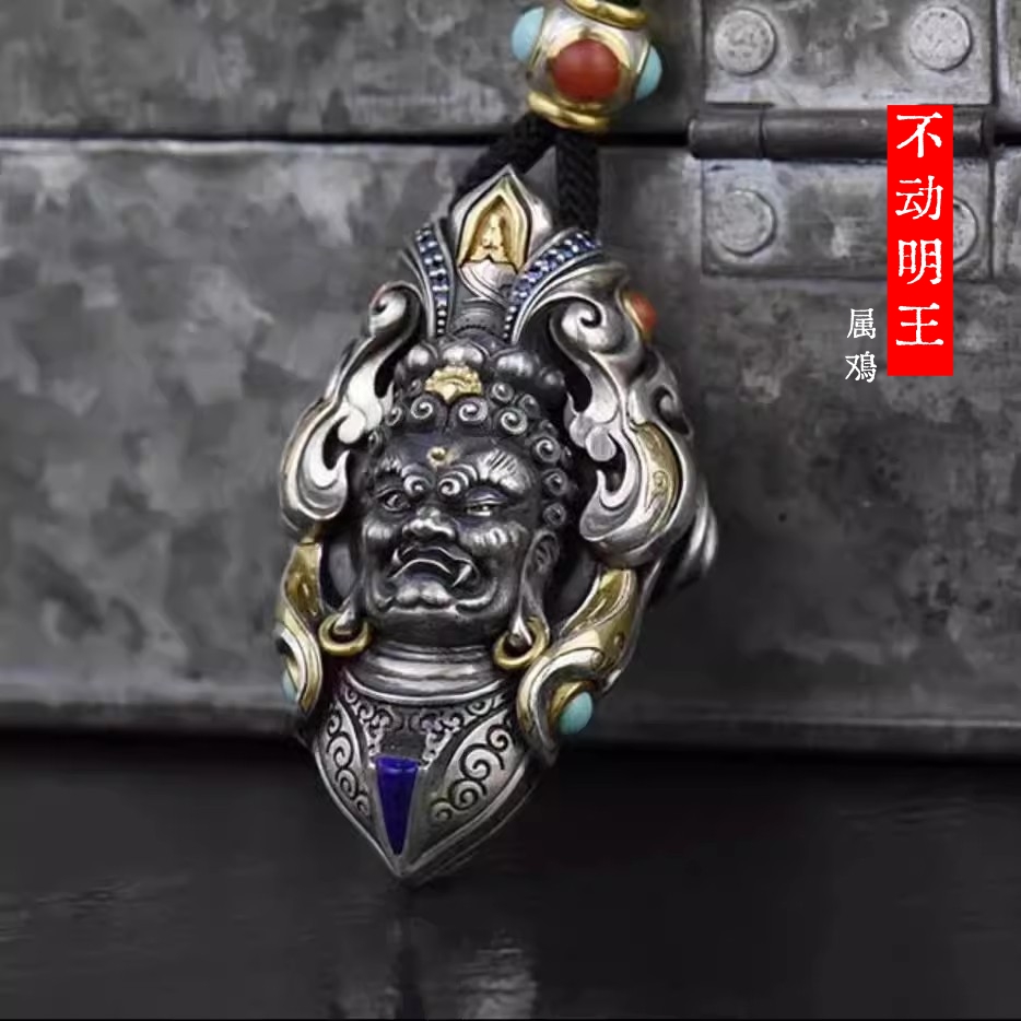 复古仿S925泰银不动明王生肖鸡本命佛守护神男女招财护身吊坠项链