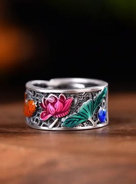 复古做旧国潮珐琅莲花锦鲤戒指女民族风文艺鲤鱼开口调节食指环男