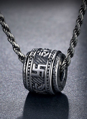 转动珠吊坠男六字箴言项链仿纯银复古饰品情侣男士个性百搭毛衣链