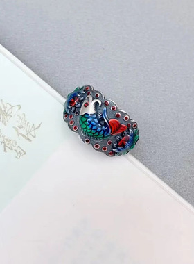 珐琅锦鲤鱼莲花戒指女国潮民族风复古做旧文艺气质烧蓝开口食指环