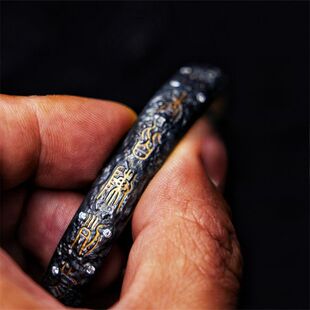 原创复古潮流S925银转运九字真言纯银手镯男士款嵌金版高级感手环