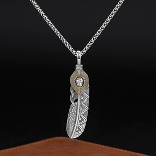 925纯银印第安羽毛吊坠项链男士高级感痞帅百搭小众创意设计项链