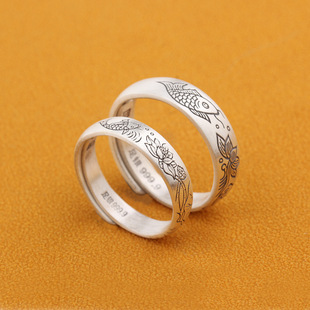 好运锦鲤情侣指环开口民族风仿999纯银个性男女对戒复古伸缩戒指