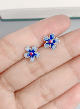 纯银烧蓝五叶草花朵耳钉