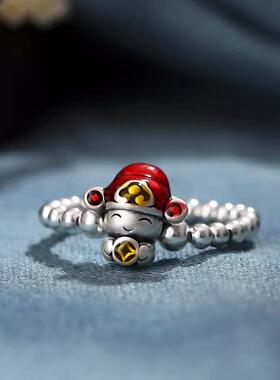 S925银珐琅彩小财神戒指女小众设计轻奢高级感国风招财偏财食指戒