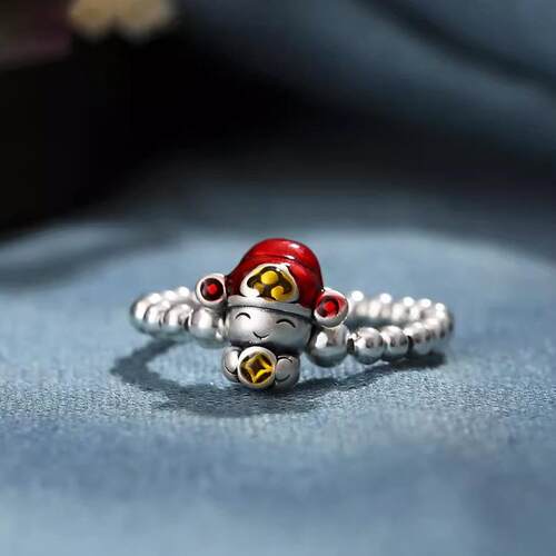 S925银珐琅彩小财神戒指女小众设计轻奢高级感国风招财偏财食指戒