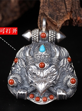 金鹏鸟大款项坠仿纯银方形空心可打开吊坠嘎乌盒男女复古方盒挂饰