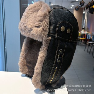 皮面雷锋帽男女冬季户外滑雪保暖加仿兔毛绒防风寒护耳东北棉帽子