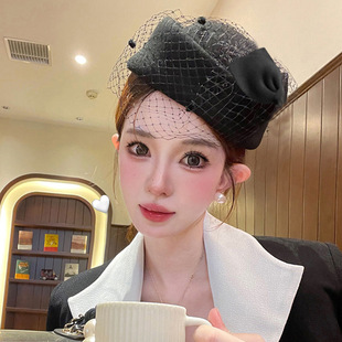 法式气质礼帽女款秋冬空姐英伦小香风时尚百搭网纱蕾丝羊毛呢帽子