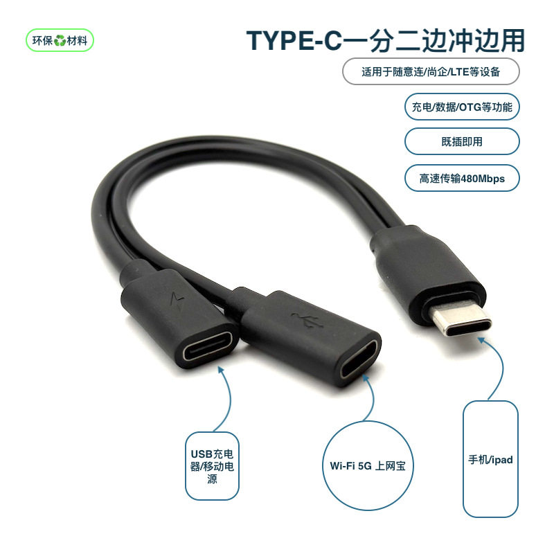 otg一拖二type-c双母头转接线上网宝无线wifi功能边充边上网USB-C转接一分二传输数据线