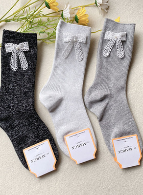 现货MARCA韩国东大门蝴蝶结珍珠女袜子中筒袜亮丝网红款棉少女袜