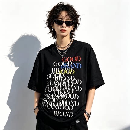 国潮GOODBRAND彩色重叠标语发泡印花美式休闲重磅纯棉短袖T恤上衣