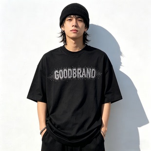 GOODBRAND短袖T恤满钻月牙字母轻奢时尚潮牌休闲宽松圆领重磅半袖
