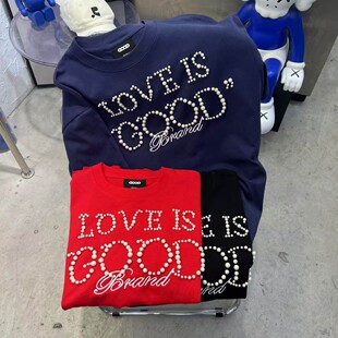 GOODBRAND短袖t恤仿珍珠钉珠字母LOVEISGOOD潮牌宽松纯棉重磅半袖