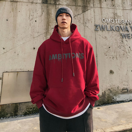 HAMB原创 2025秋季新品美式oversize加绒连帽卫衣男字母印花套头