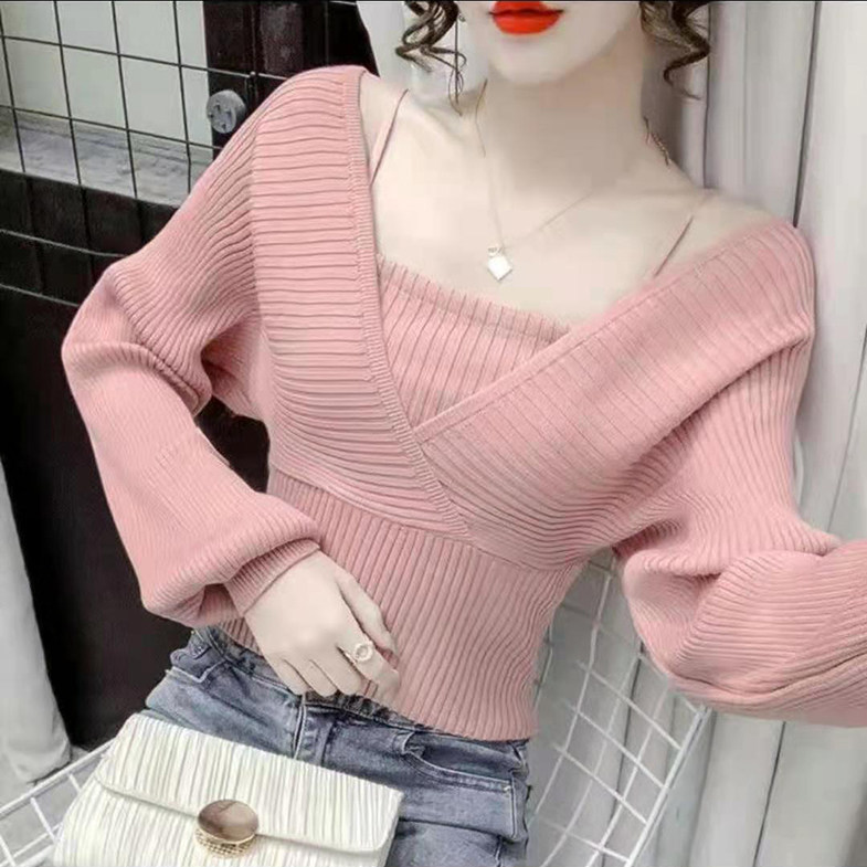 适合直播间穿的衣服女主播上镜辣妹风针织衫性感露肩挂脖高级上衣
