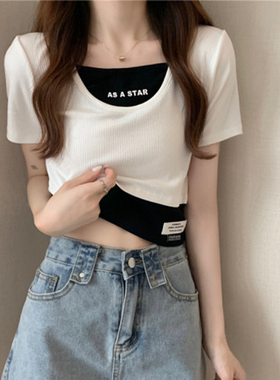 跳舞jazz爵士假两件短款T恤甜辣y2k衣服尊巴舞蹈女团打歌服kpop
