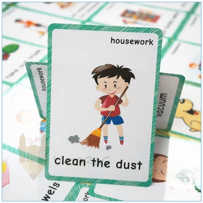 家务单housework英语闪卡片早教具益智启蒙幼儿童小学拼读双语