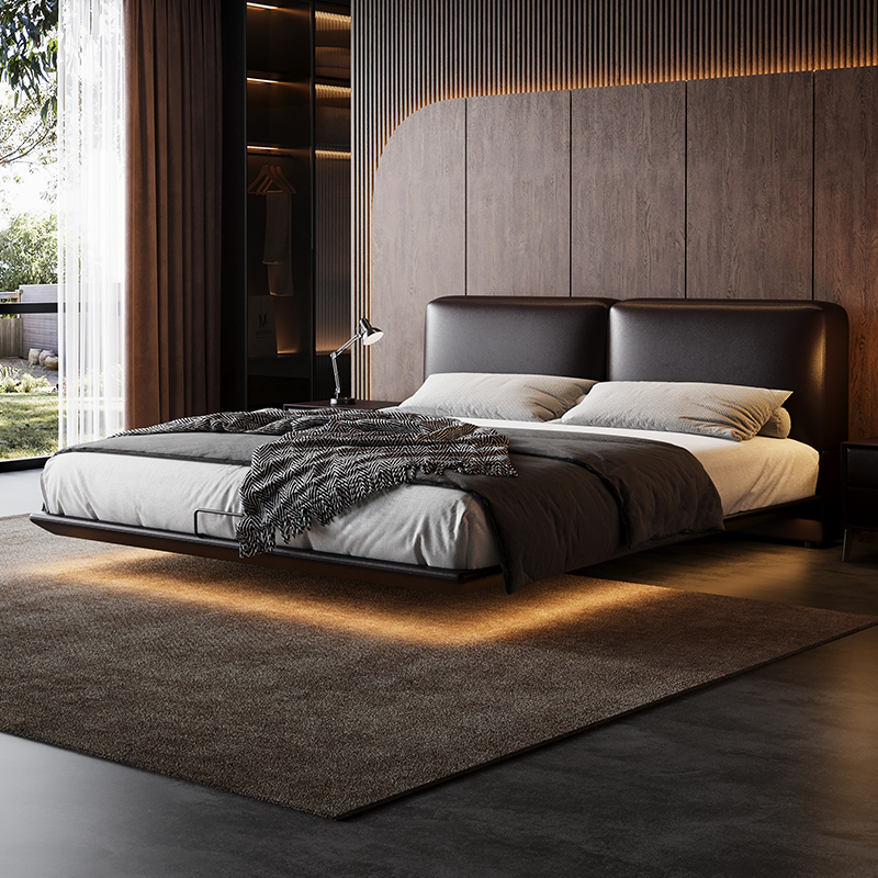 政府补贴意式极简真皮床悬浮床2米x2米2大黑牛双人软包主卧室大床