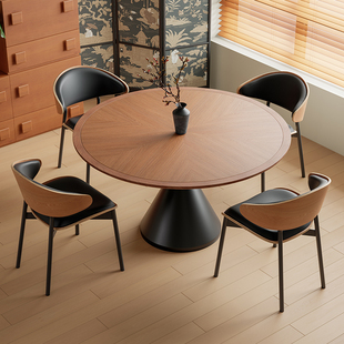 复古圆形饭桌 中古风实木岩板餐桌轻奢高级感桌子客厅家用新款