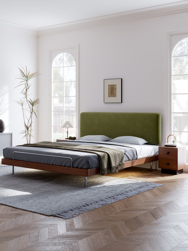 意式极简实木床1米8双人床榉木排骨架主卧床现代简约胡桃木中古风