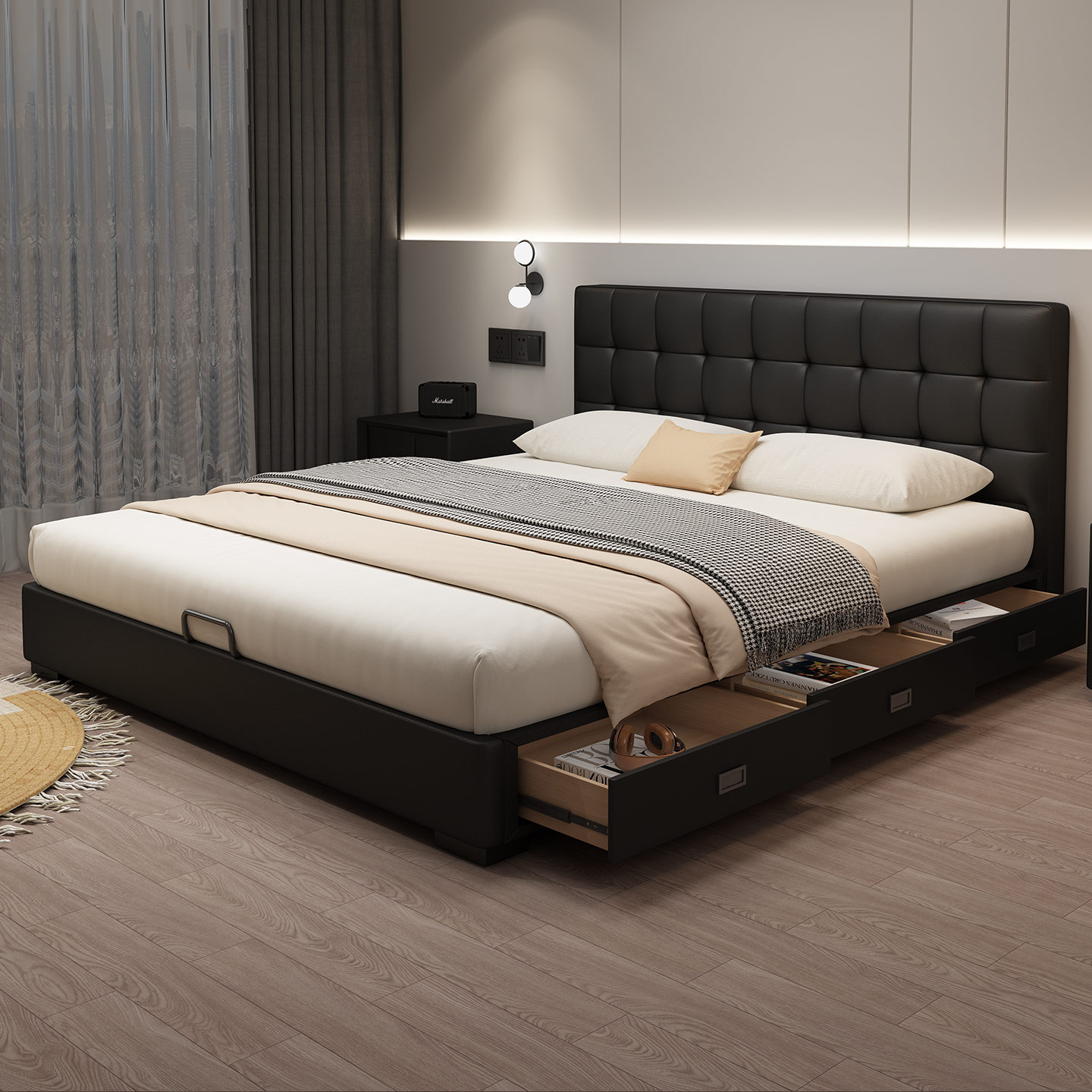 真皮床现代简约储物抽屉收纳床