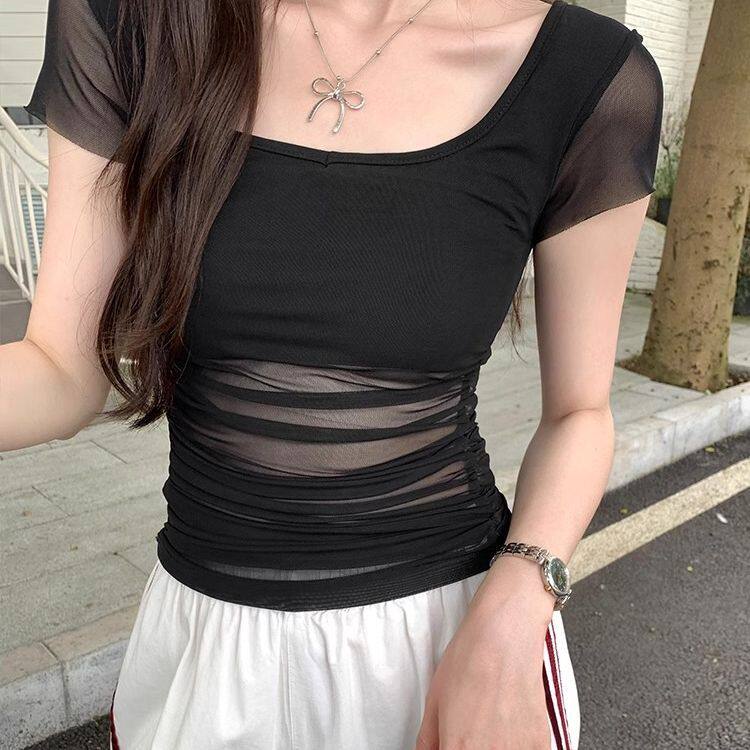 黑色性感辣妹网纱拼接方领T恤