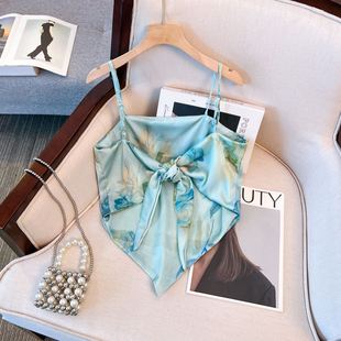 印花夏季高级感性感缎面吊带背心女肚兜式显瘦绑带丝巾抹胸外穿