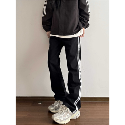 侧边白杠边牛仔裤男女潮美式宽松直筒百搭黑色微喇休闲长裤
