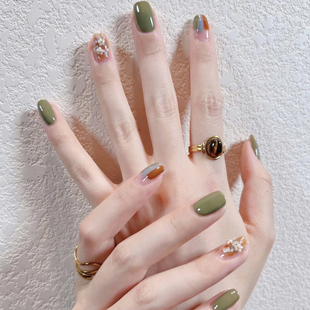 纯手工定制穿戴甲成品假指甲贴片拆卸美甲成品夏季 显白绿色五瓣花