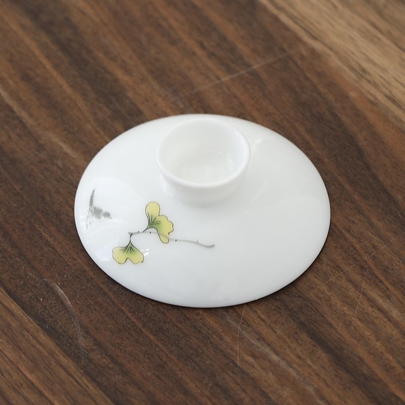 银杏小鸟盖碗单盖子6cm-10cm各尺寸羊脂玉白瓷泡茶杯泡茶碗盖子