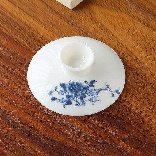 青花牡丹盖碗单盖子白瓷羊脂玉瓷