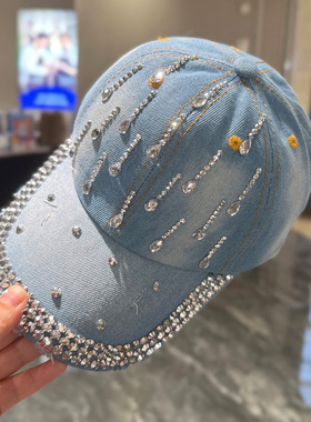 水钻鸭舌帽女夏季韩版破洞太阳帽2025新款百搭水滴做旧牛仔棒球帽
