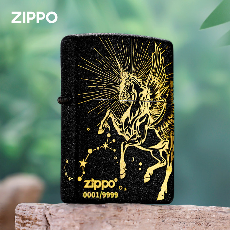 zippo打火机正版 独角星芒黑裂漆正品煤油防风马年生日礼物送男生 - 实物图