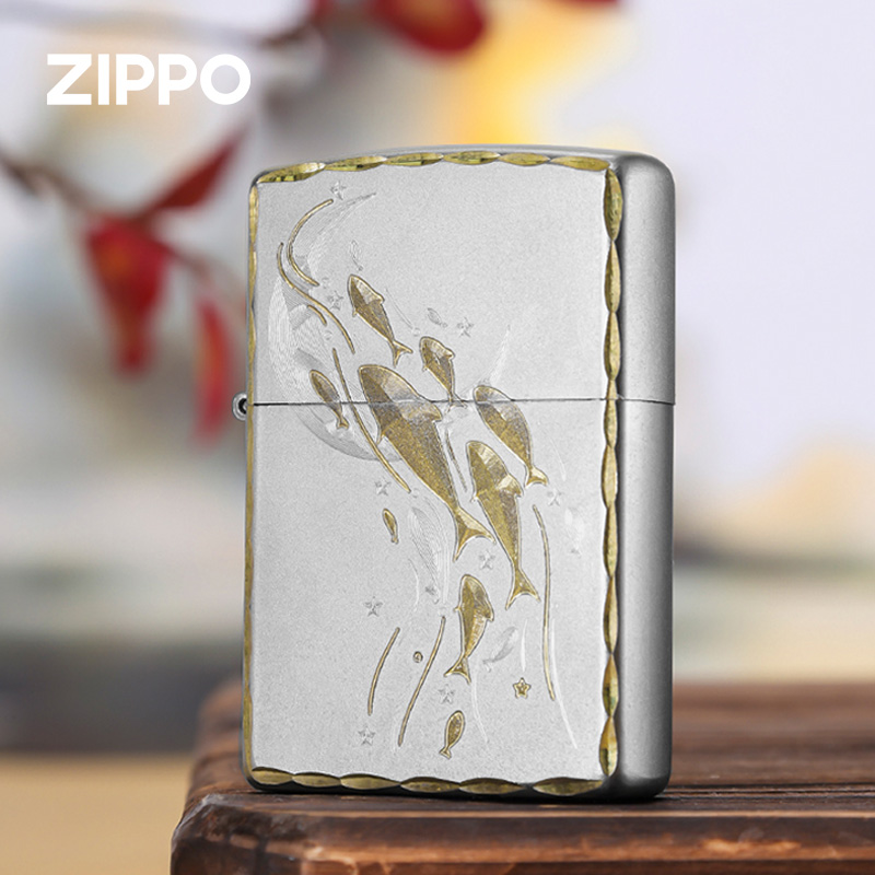 zippo打火机zp 游鱼星海防风煤油打火机咬边雕刻生日礼物送男朋友