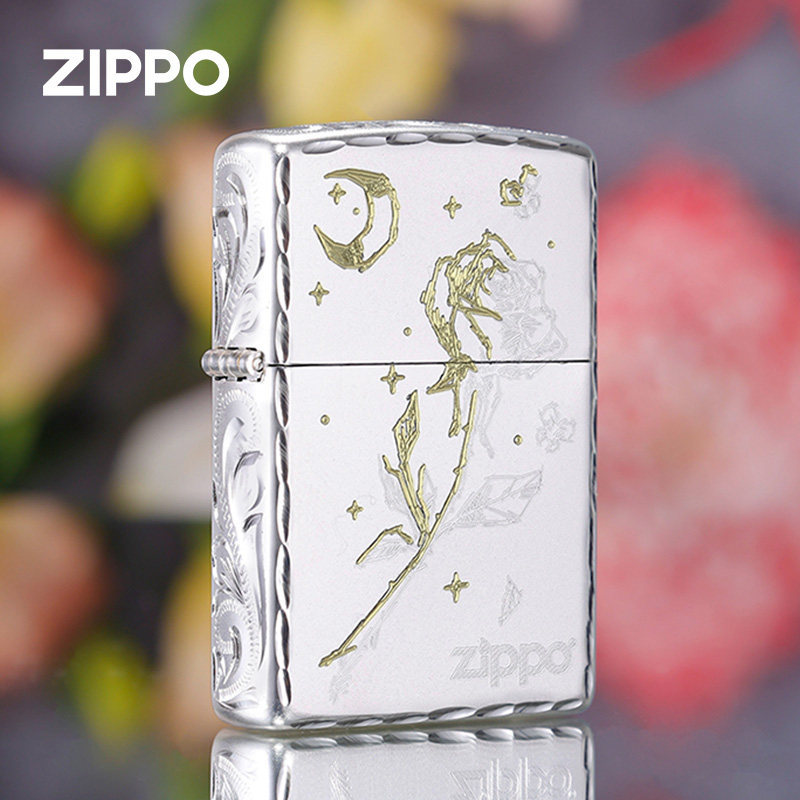 zippo打火机月下玫瑰-精雕繁花咬边防风煤油打火机生日礼物送男友