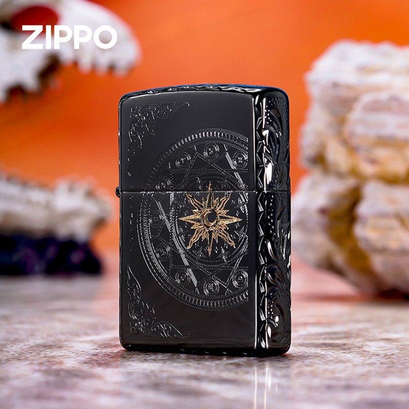 zippo打火机十二星罗盘黑耀冰 咬边繁花防风煤油爱情指南送男友礼