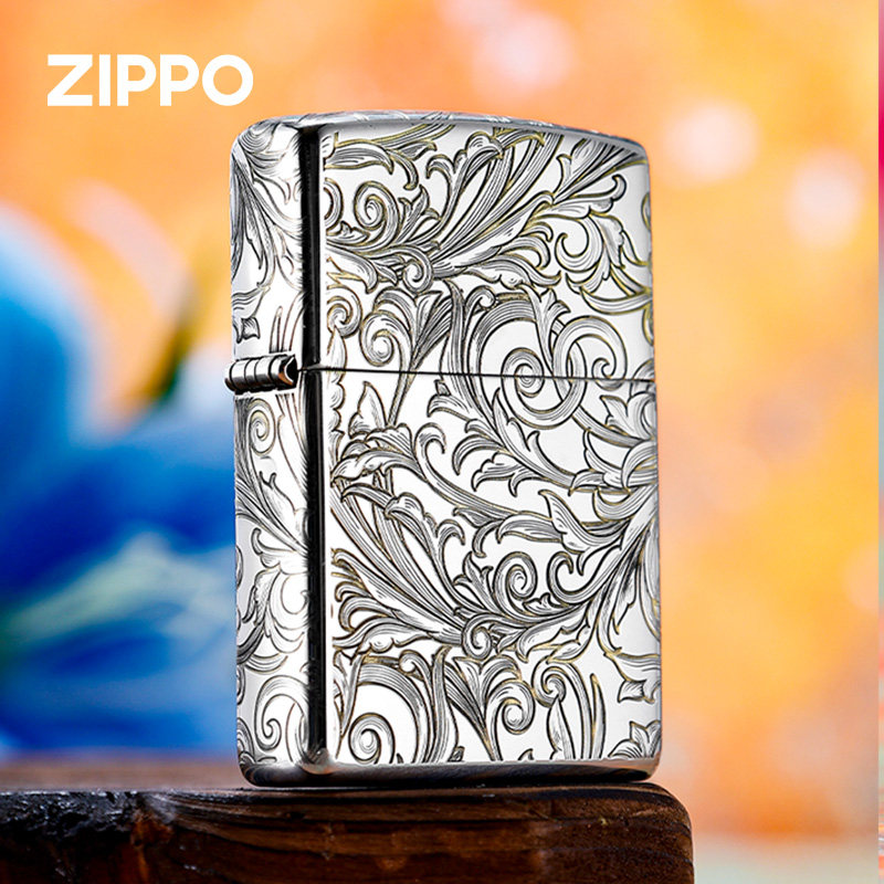 zippo打火机正品 卷云纹章 镜面雕刻 富贵唐草花纹 男生生日礼物
