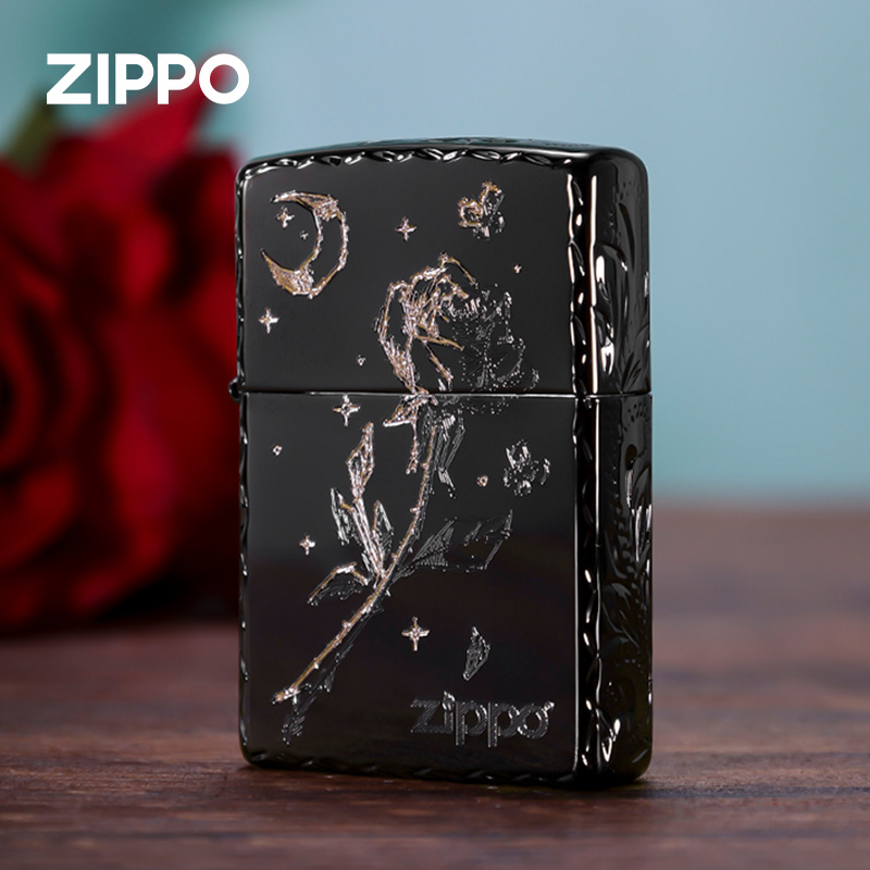 zippo打火机黑曜冰精雕月下玫瑰