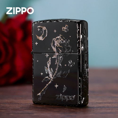 zippo打火机黑曜冰精雕月下玫瑰