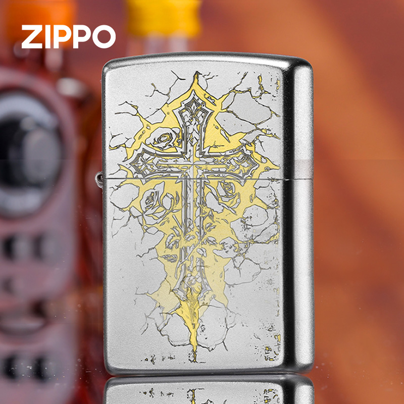 zippo打火机十字心玫-缎纱防风煤油打火机磨砂雕刻生日礼物送男友