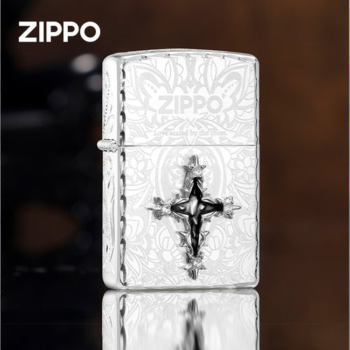 zippo打火机 永恒十字架贴章镀银繁花咬边煤油防风打火机送男生礼