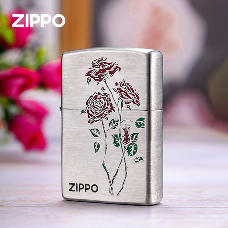 zippo打火机 荆棘玫瑰煤油防风打火机拉丝镀银送男友七夕礼情人节