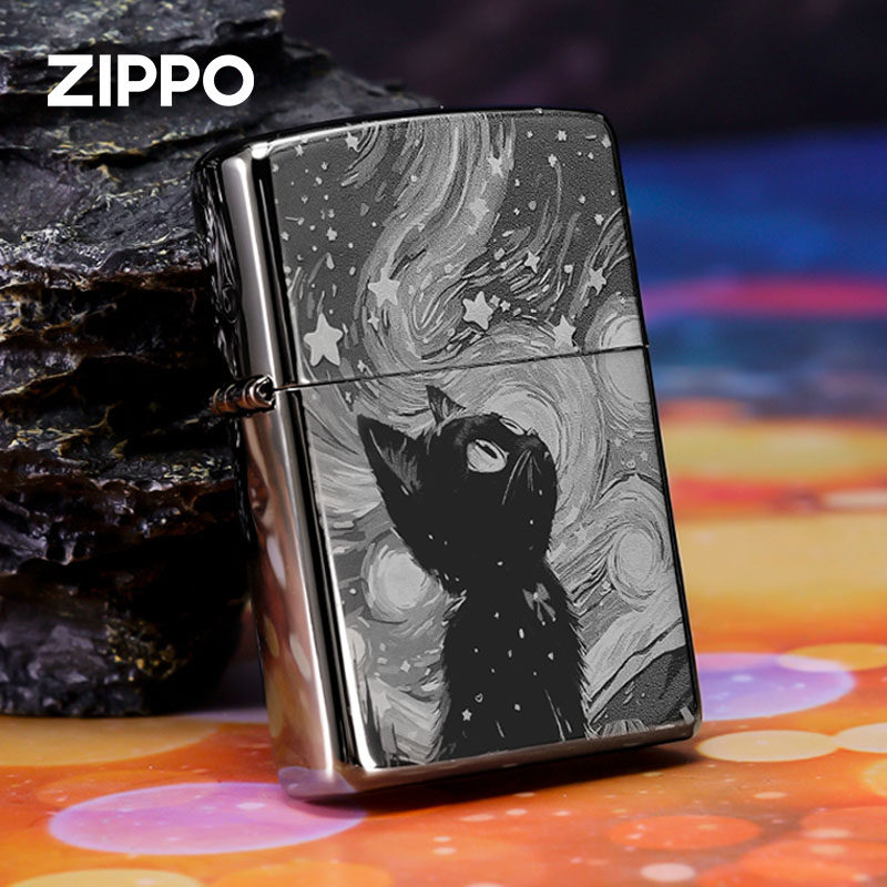 zippo打火机 猫咪的梦幻星旅黑冰镭射彩印送男朋友防风煤油打火机
