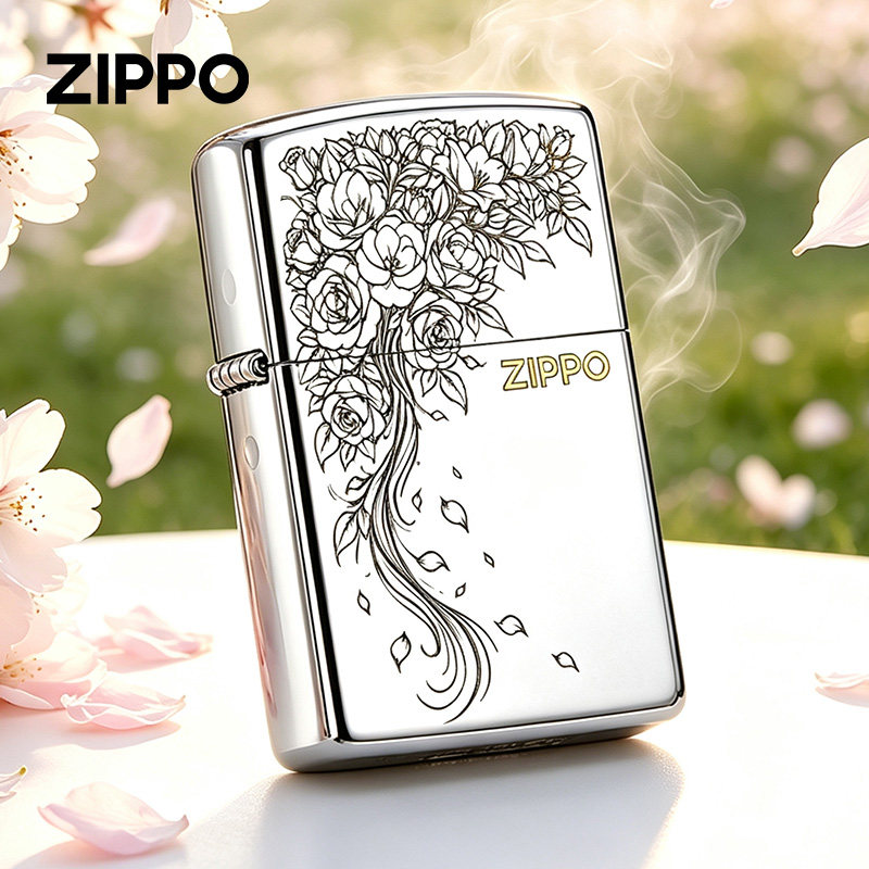 zippo打火机 漫花逐风镜面雕刻生日礼物防风煤油打火机送男生女生
